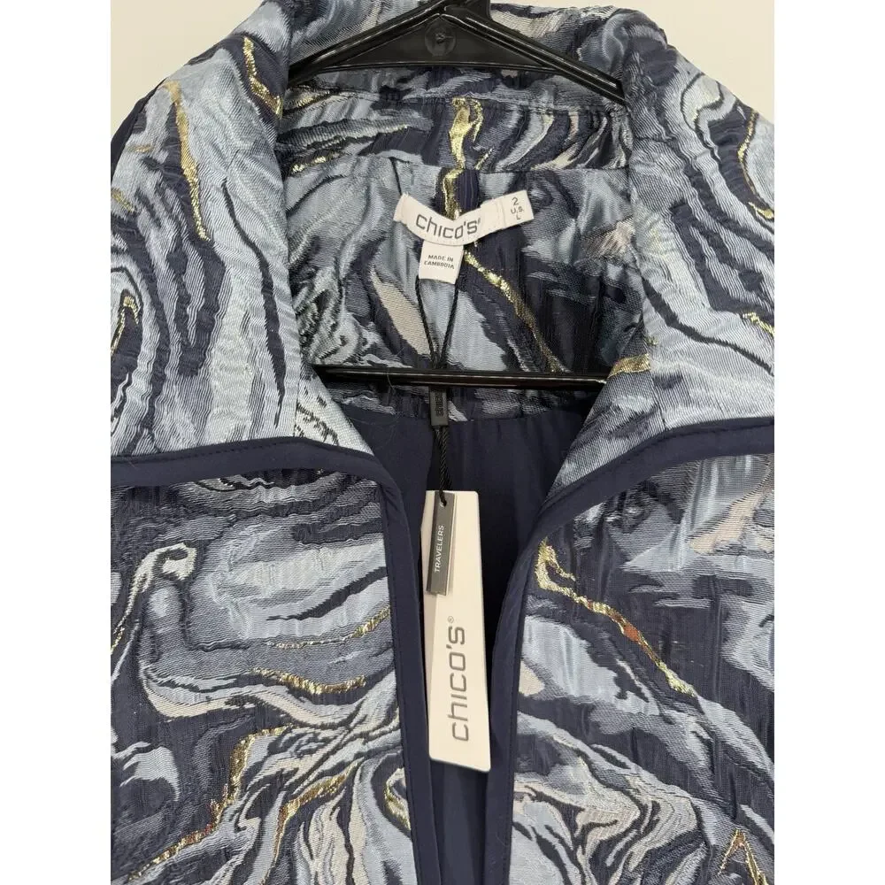 NEW Chico's Blazer Jacket 2 US Large Travelers Jacquard Blue Gold Swirl - Picture 3 of 7